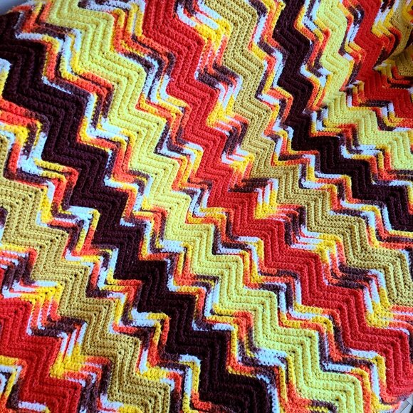 Hand Made Crochet Throw Afghan Blanket with Bright Yellow Orange Brown Colors. - Picture 3 of 6